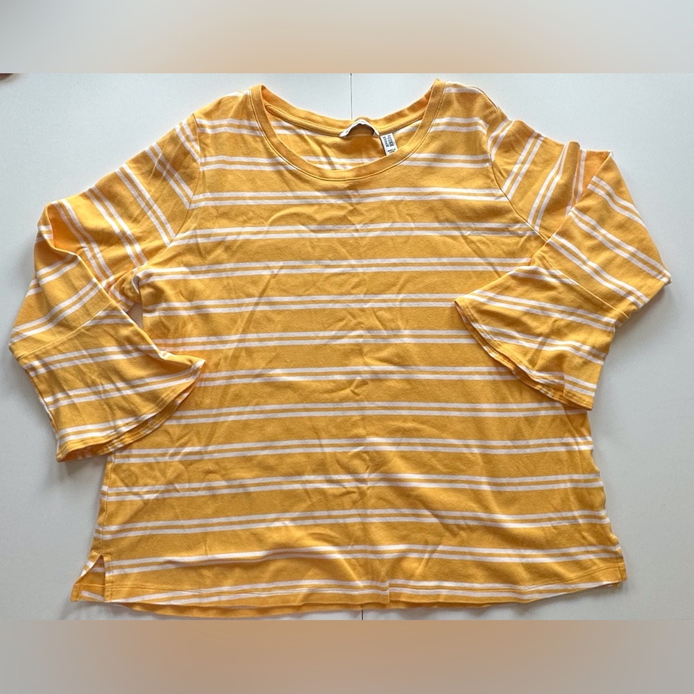 Isaac Mizrahi Live Yellow White Stripes 3/4 Flare Sleeves Blouse Women’s 2X‎